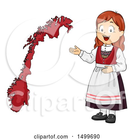 Clipart of a Norwegian Girl Presenting a Norway Map - Royalty Free Vector Illustration by BNP Design Studio