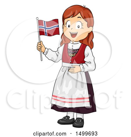 Clipart of a Norwegian Girl Holding a Flag - Royalty Free Vector Illustration by BNP Design Studio