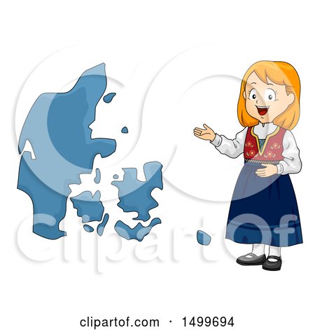Clipart of a Danish Girl Presenting a Denmark Map - Royalty Free Vector Illustration by BNP Design Studio
