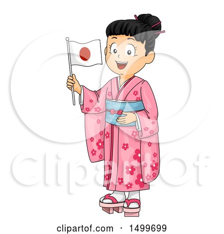 Clipart of a Japanese Girl Wearing a Kimono and Holding a Flag - Royalty Free Vector Illustration by BNP Design Studio