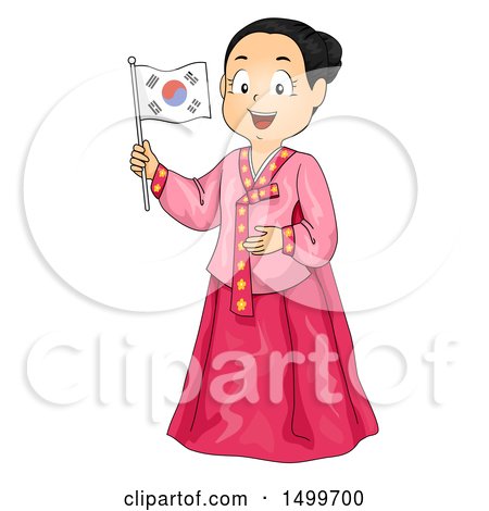 Clipart of a Korean Girl Wearing a Hanbok and Holding a Flag - Royalty Free Vector Illustration by BNP Design Studio