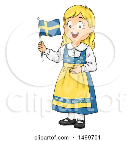 Clipart of a Swedish Girl Holding a Flag - Royalty Free Vector Illustration by BNP Design Studio