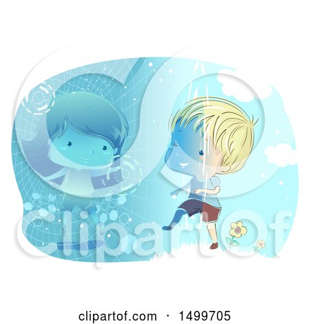 Clipart of a Sketched Boy Entering Virtual Reality to Meet a Girl - Royalty Free Vector Illustration by BNP Design Studio