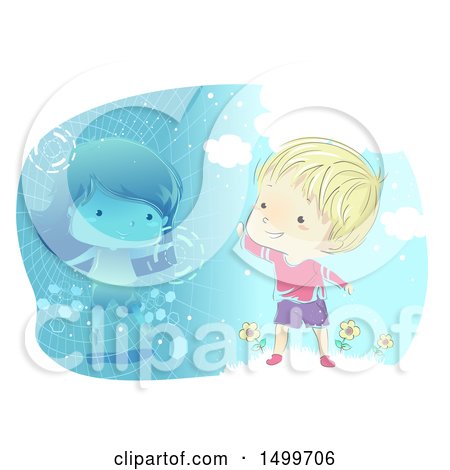 Clipart of a Sketched Boy Waving to a Girl Somewhere Else Using Virtual Reality Technology - Royalty Free Vector Illustration by BNP Design Studio