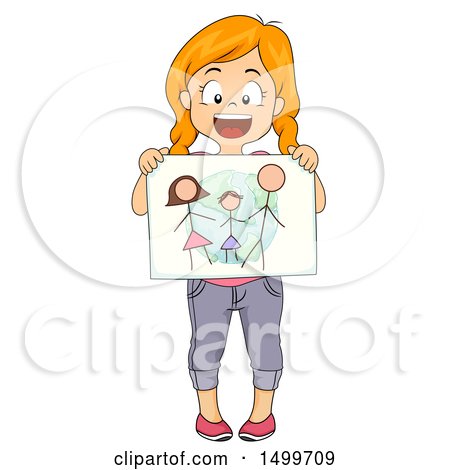 Clipart of a Red Haired Girl Showing a Drawing of Her Family - Royalty Free Vector Illustration by BNP Design Studio