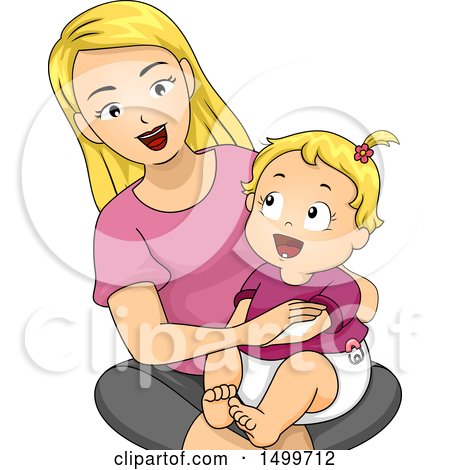 Clipart of a Mother Applying Insect Repellent or Lotion to a Baby Girl - Royalty Free Vector Illustration by BNP Design Studio