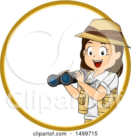 Clipart of a Girl Explorer Holding Binoculars in a Circle - Royalty Free Vector Illustration by BNP Design Studio