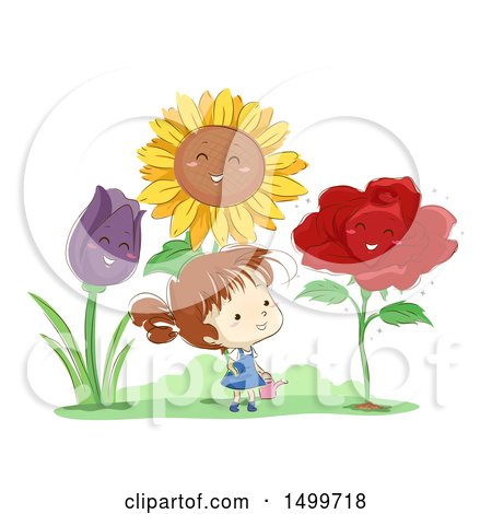 Clipart of a Sketched Girl Surrounded by Giant Happy Flowers - Royalty Free Vector Illustration by BNP Design Studio
