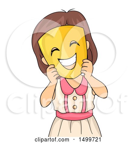 Clipart of a Girl Holding a Happy Mask over Her Face - Royalty Free Vector Illustration by BNP Design Studio
