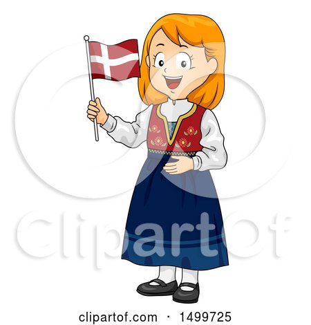 Clipart of a Danish Girl Holding a Flag - Royalty Free Vector Illustration by BNP Design Studio