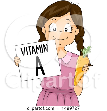 Clipart of a Girl Holding a Vitamin a Flash Card and a Carrot - Royalty Free Vector Illustration by BNP Design Studio