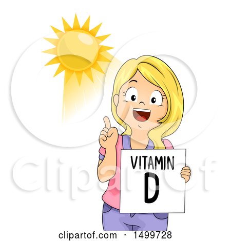 Clipart of a Girl Holding a Vitamin D Flash Card and Pointing to the Sun - Royalty Free Vector Illustration by BNP Design Studio