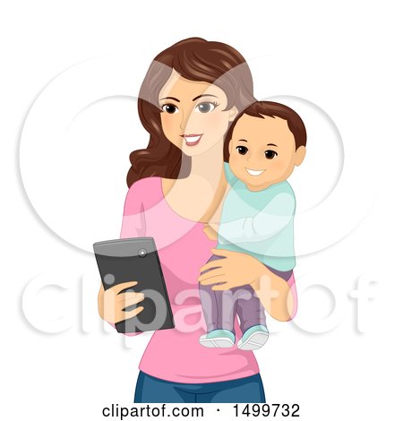 Clipart of a Mother Carrying Her Baby Son and Using a Tablet - Royalty Free Vector Illustration by BNP Design Studio