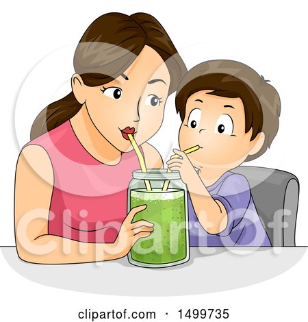 Clipart of a Mother and Son Using Straws to Drink a Green Smoothie in a Mason Jar - Royalty Free Vector Illustration by BNP Design Studio