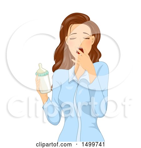 Clipart of a Tired Mother Holding a Baby Bottle - Royalty Free Vector Illustration by BNP Design Studio