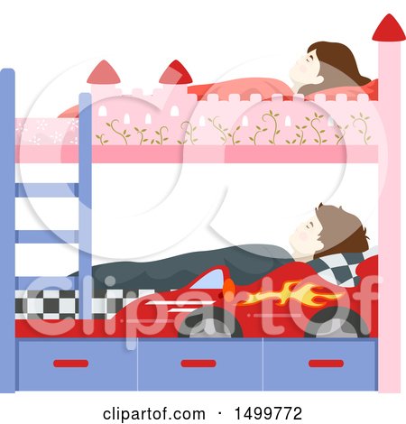 Clipart of a Boy and Girl Sleeping in Castle and Race Car Bunk Beds - Royalty Free Vector Illustration by BNP Design Studio