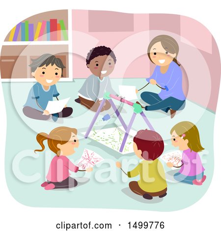 Clipart of a Teacher and Students Painting with a Pendulum - Royalty Free Vector Illustration by BNP Design Studio