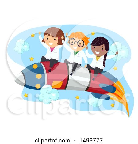 Clipart of a Group of Science Kids Riding a Rocket - Royalty Free Vector Illustration by BNP Design Studio
