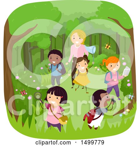 Clipart of a Teacher and Students Catching Bugs in the Woods - Royalty Free Vector Illustration by BNP Design Studio