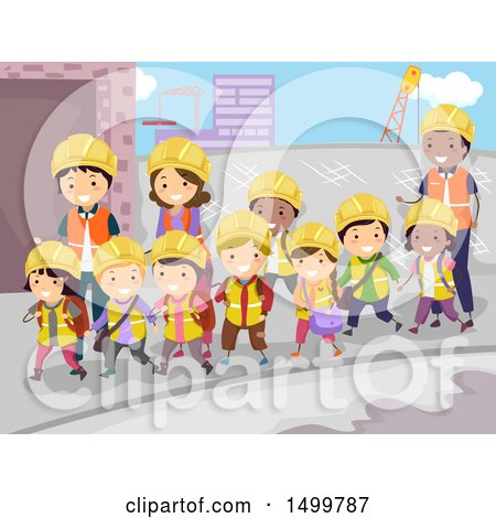 Clipart of a Group of School Children and Teachers Visiting a Construction Site - Royalty Free Vector Illustration by BNP Design Studio