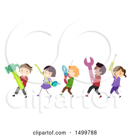 Clipart of a Group of Kids Carrying Giant Tools - Royalty Free Vector Illustration by BNP Design Studio
