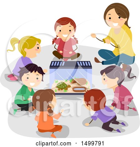 Clipart of a Teacher and Students Observing a Turtle - Royalty Free Vector Illustration by BNP Design Studio