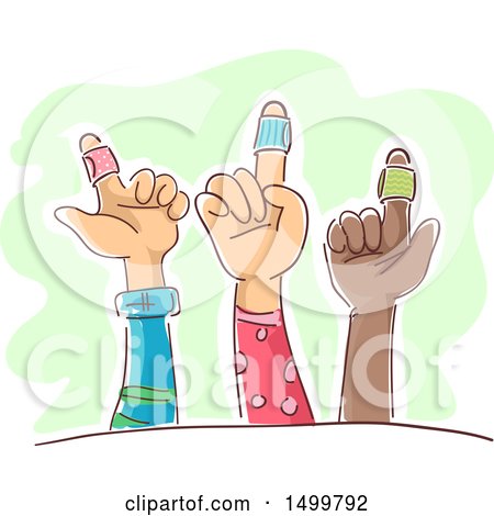Clipart of Sketched Kid Hands Holding up Bandaged Fingers - Royalty Free Vector Illustration by BNP Design Studio