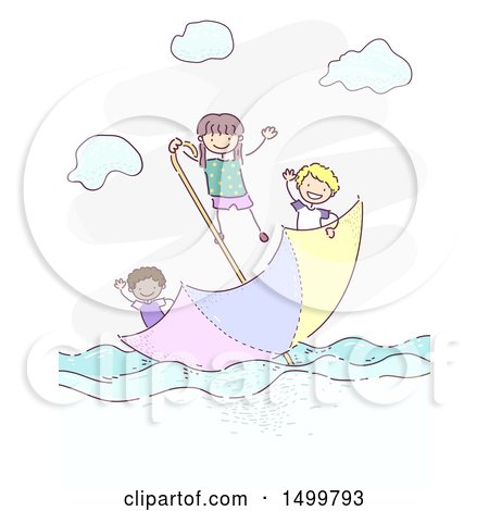 Clipart of a Sketched Group of Children Floating on an Umbrella - Royalty Free Vector Illustration by BNP Design Studio