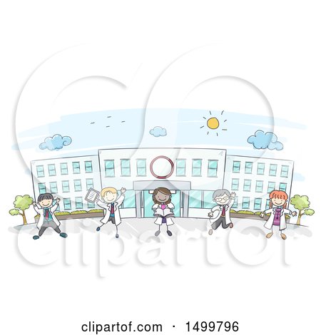 Clipart of a Sketched Group of Doctor Children at a Hospital - Royalty Free Vector Illustration by BNP Design Studio