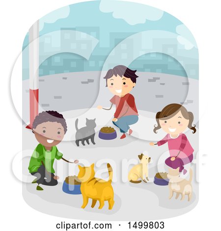 Clipart of a Group of Children Feeding Stray Cats - Royalty Free Vector Illustration by BNP Design Studio