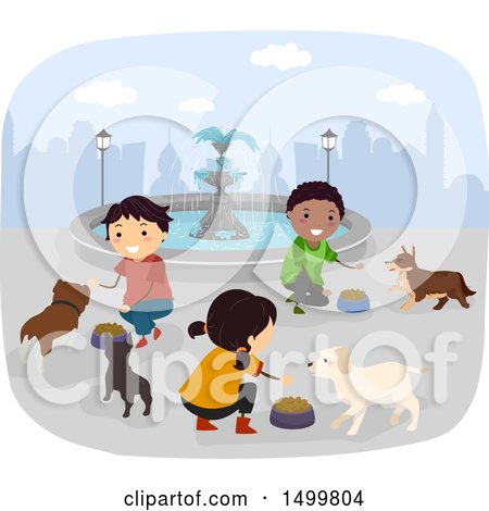 Clipart of a Group of Children Feeding Stray Dogs - Royalty Free Vector Illustration by BNP Design Studio
