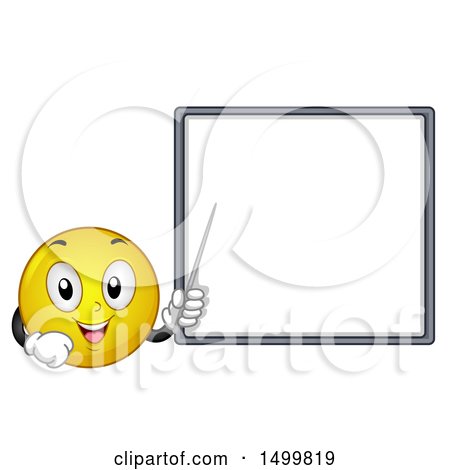 Clipart of a Smiley Emoticon Emoji Pointing to a White Board - Royalty Free Vector Illustration by BNP Design Studio