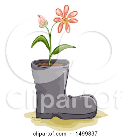 Clipart of a Sketched Recycled Boot with a Flower Plant - Royalty Free Vector Illustration by BNP Design Studio