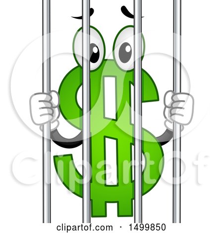 Clipart of a USD Dollar Currency Symbol Mascot Behind Jail Bars - Royalty Free Vector Illustration by BNP Design Studio