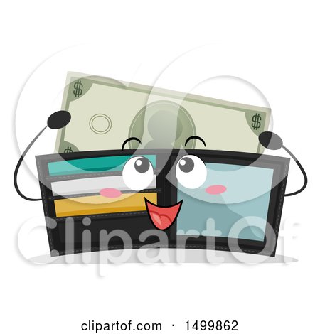 Clipart of a Happy Billfold Wallet Mascot Depositing a Dollar - Royalty Free Vector Illustration by BNP Design Studio