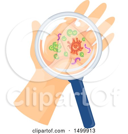 Clipart of a Magnifying Glass over a Hand with Germs - Royalty Free Vector Illustration by BNP Design Studio