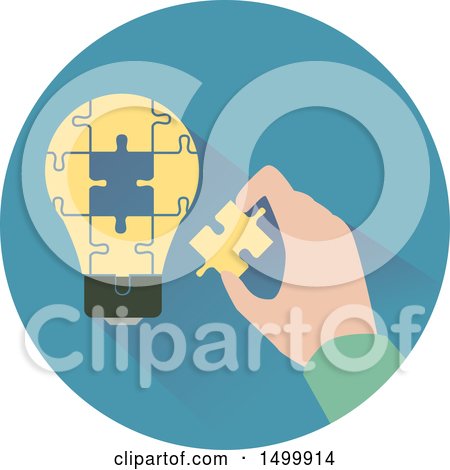 Clipart of a Hand Assembling a Light Bulb Jigsaw Puzzle - Royalty Free Vector Illustration by BNP Design Studio