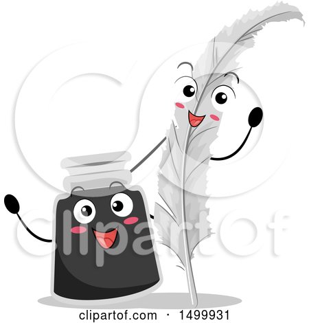 Clipart of a Feather Quill Pen and Ink Bottle Waving - Royalty Free Vector Illustration by BNP Design Studio