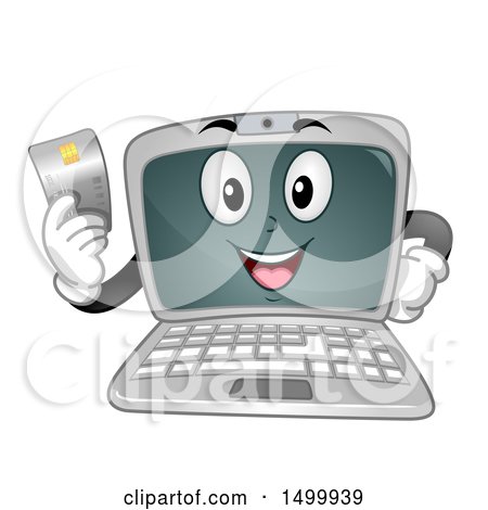Clipart of a Laptop Computer Mascot Character Holding a Credit Card - Royalty Free Vector Illustration by BNP Design Studio