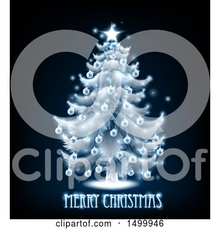 Clipart of a Merry Christmas Greeting Under a Blue Glowing Tree on Black - Royalty Free Vector Illustration by AtStockIllustration