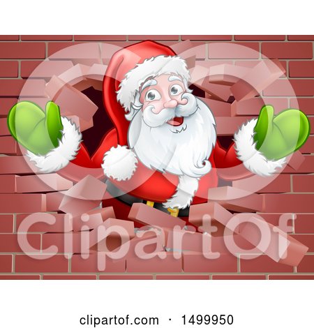 Clipart of a Christmas Santa Claus Breaking Through a Brick Wall - Royalty Free Vector Illustration by AtStockIllustration