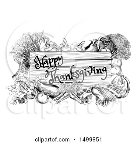 Clipart of a Black and White Wooden Happy Thanksgiving Sign Framed in Produce Vegetables - Royalty Free Vector Illustration by AtStockIllustration