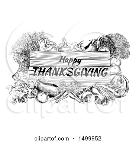 Clipart of a Black and White Wooden Happy Thanksgiving Sign Framed in Produce Vegetables - Royalty Free Vector Illustration by AtStockIllustration