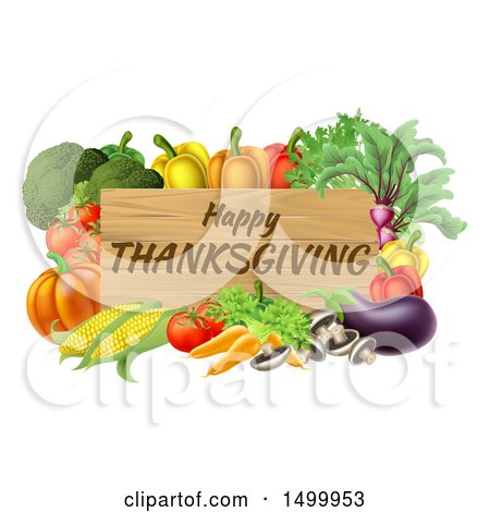 Clipart of a Wooden Happy Thanksgiving Sign Framed in Produce Vegetables - Royalty Free Vector Illustration by AtStockIllustration