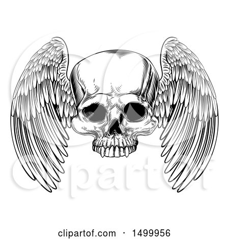 Clipart of a Black and White Winged Human Skull - Royalty Free Vector Illustration by AtStockIllustration