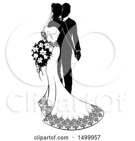 Clipart of a Black and White Silhouetted Posing Wedding Bride and Groom with a Bouquet - Royalty Free Vector Illustration by AtStockIllustration
