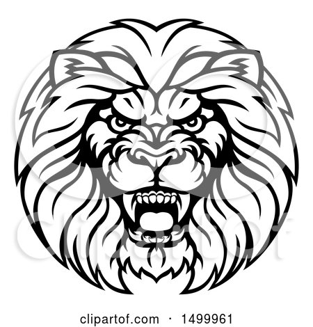 Clipart of a Black and White Aggressive Male Lion Head - Royalty Free Vector Illustration by AtStockIllustration