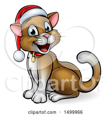 Clipart of a Happy Brown Cat Wearing a Christmas Santa Hat, Sitting and Facing Left - Royalty Free Vector Illustration by AtStockIllustration