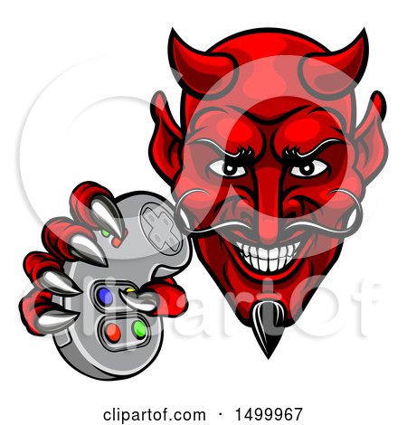 Clipart of a Grinning Evil Red Devil Holding a Video Game Controller - Royalty Free Vector Illustration by AtStockIllustration