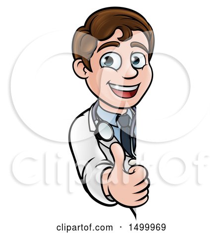 Clipart of a Cartoon Friendly Brunette White Male Doctor Giving a Thumb up Around a Sign - Royalty Free Vector Illustration by AtStockIllustration
